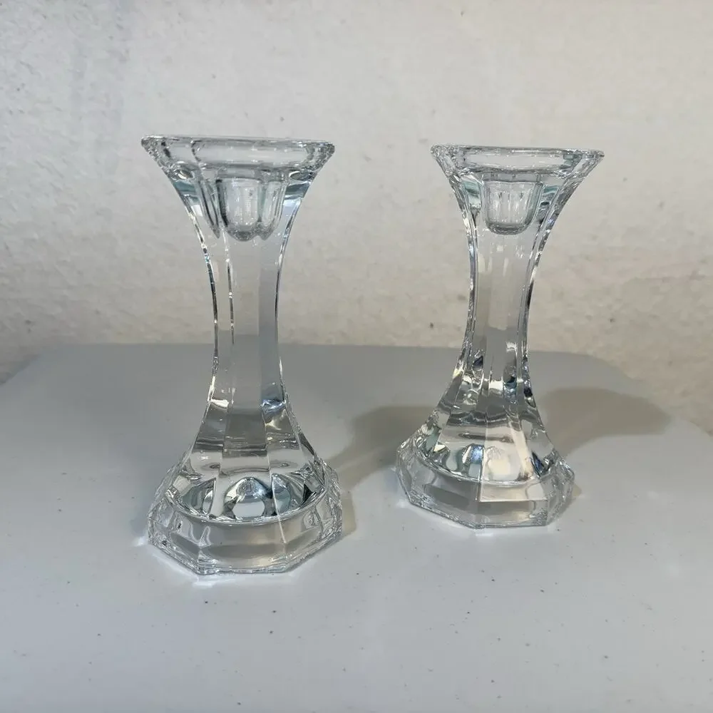 VTG Crystal Clear Glass Candle Holder 6.5” Tall Candlesticks Pair Set Japan Made